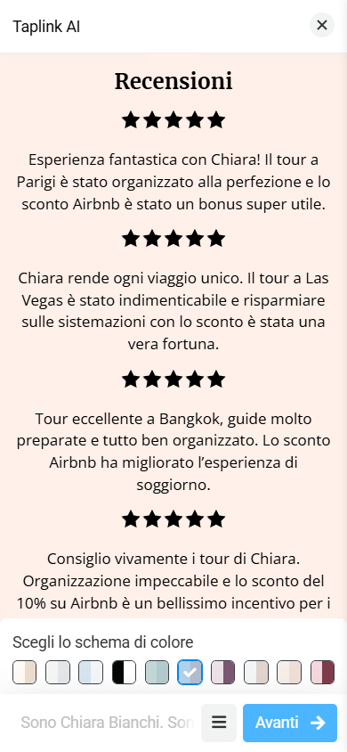 Un layout della sezione Recensioni con icone a cinque stelle e recensioni dei clienti