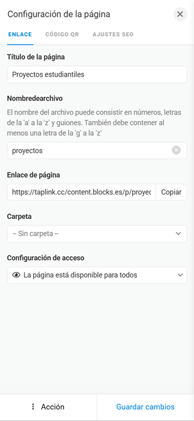 Página de personalización de una página interna, con ajustes para el nombre de la página, el enlace y el acceso