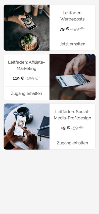 Drei Blöcke „Digitale Produkte“ auf der Taplink-Seite