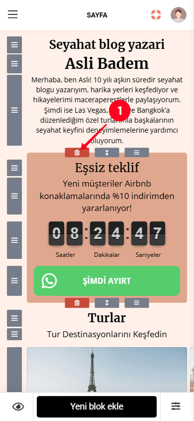 Taplink oluşturucuda bir bölümü silmek için çöp kutusu simgesine dokunma