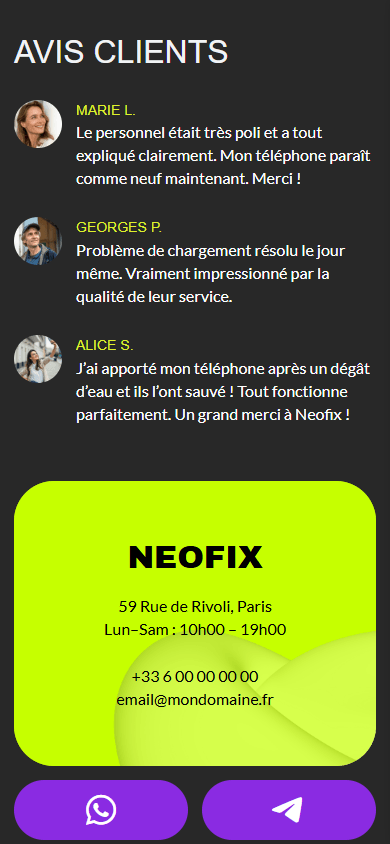 Partie inférieure de la page de link in bio d’un atelier de réparation de téléphones