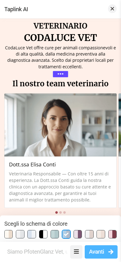 Una pagina con una combinazione di colori gialla nel builder Taplink AI