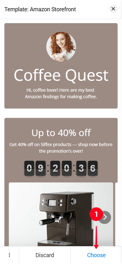 Tippen Sie auf die Schaltfläche „Auswählen“ auf der Vorlagenauswahlseite in Taplink