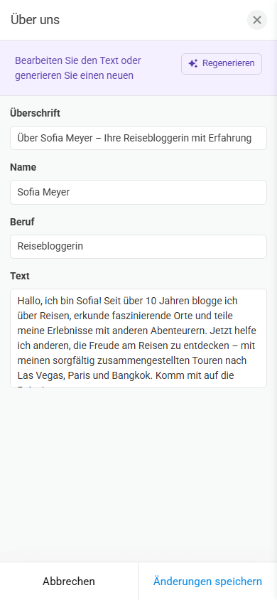 Ein Anpassungsfenster des Abschnitts Über uns im Taplink AI Link-in-Bio-Tool