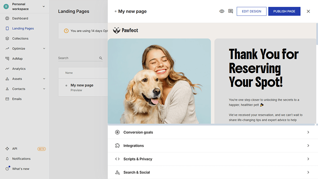 Desktop landing page editor interface in Instapage