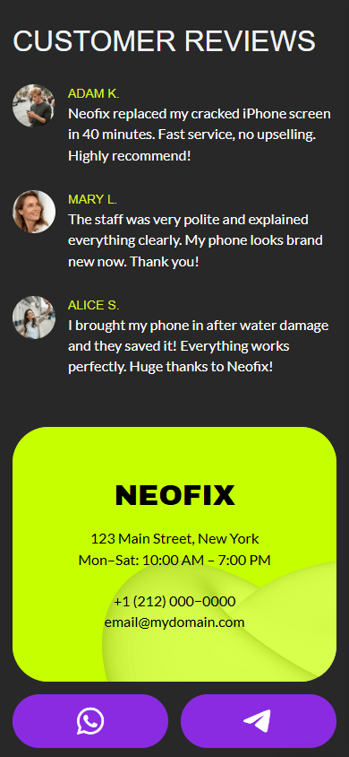 Bottom of the link in bio page of a phone repair store