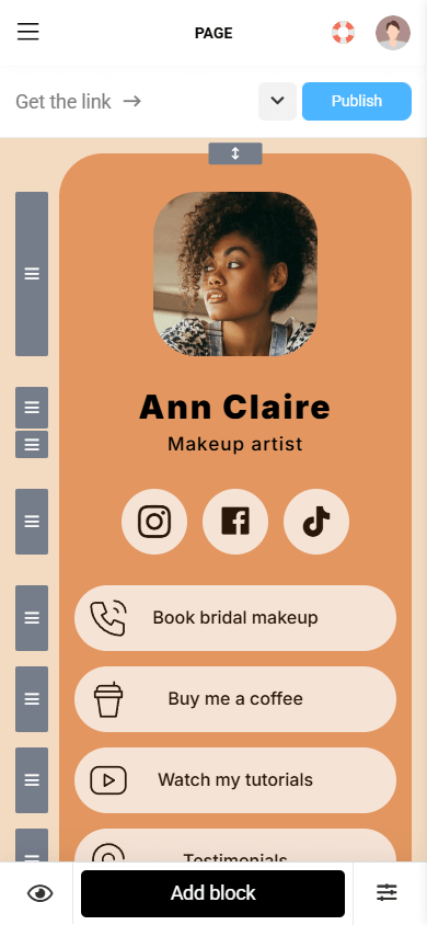 A link tree for TikTok with all added and edited content blocks and a customized design