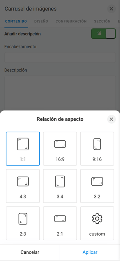 Ventana de configuración de la relación de aspecto de las imágenes en el bloque Carrusel de imágenes de Taplink