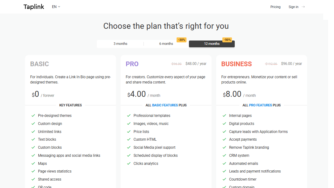 Three pricing plans of the Taplink landing page builder