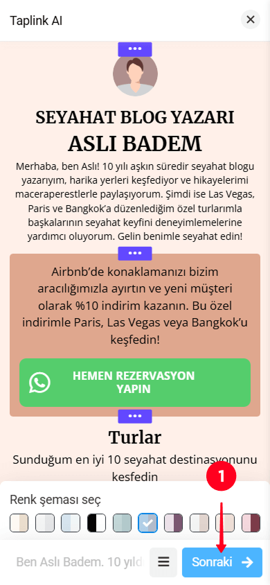 Taplink AI sayfa oluşturucusunda Sonraki düğmesine dokunma