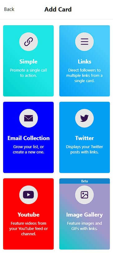 Six card templates available in the Tap Bio link in bio tool