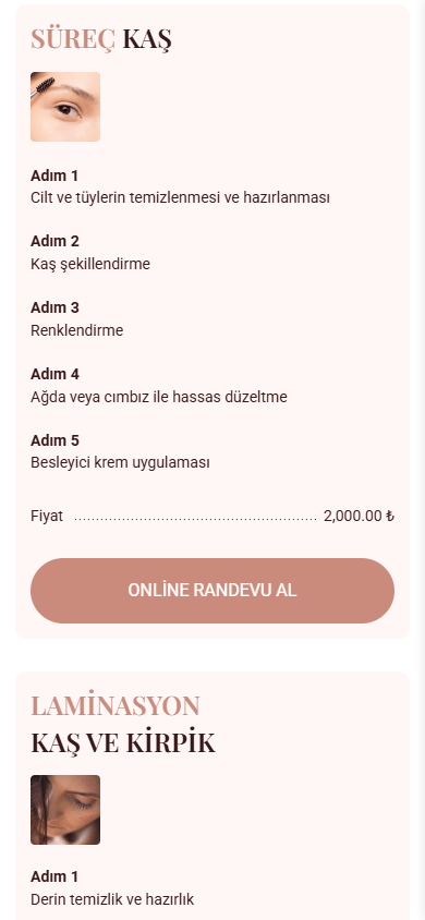 Güzellik uzmanı Linktree sayfasının orta bölümü