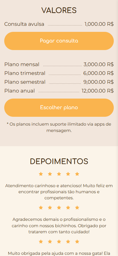 Parte inferior do exemplo de Linktree da clínica pet