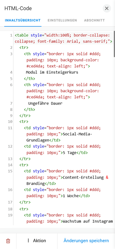 Einstellungsseite für HTML-Code mit dem Code zum Erstellen einer Tabelle