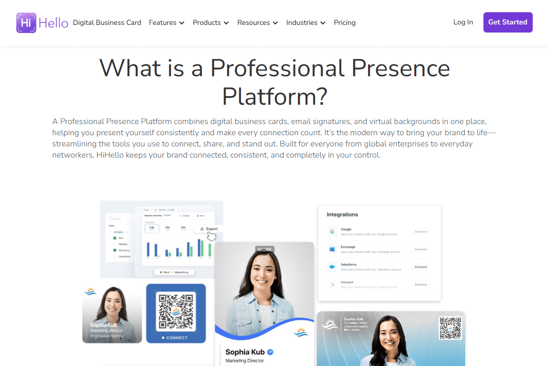 Interface images and text description on the HiHello homepage