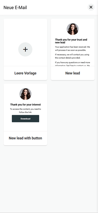 E-Mail-Einstellungen für den Versand nach dem Absenden des Formulars mit zwei E-Mail-Vorlagen und einer Option zum Erstellen einer E-Mail von Grund auf