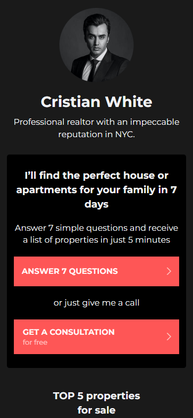 Real estate agent’s landing page built in Taplink