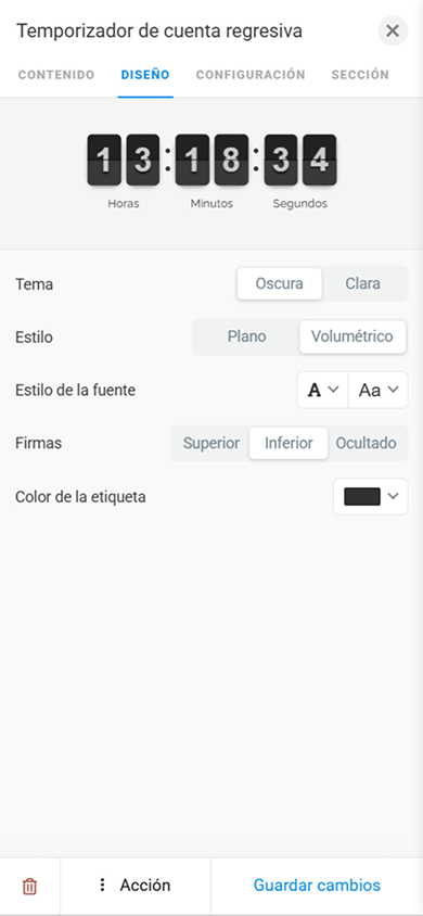 Página de configuración del diseño del bloque Temporizador en Taplink