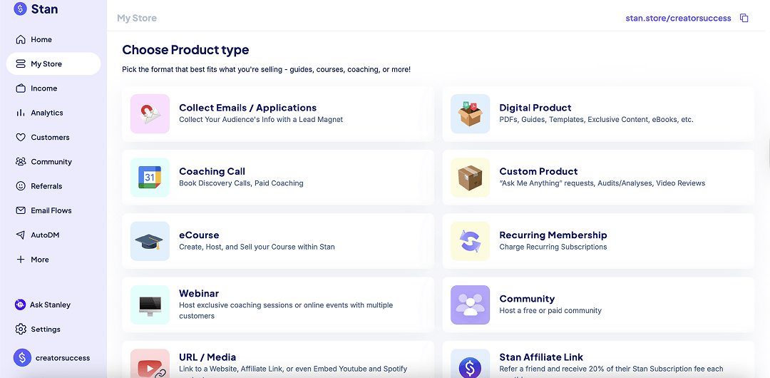 Digital product and online service blocks available in Stan Store