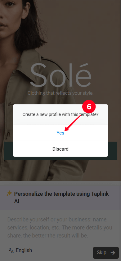 Tapping Yes in the pop-up window to create a new Taplink page