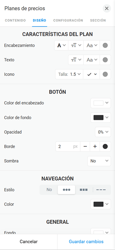 Pestaña de diseño de Planes de precios que muestra la configuración de las características del plan, el botón y los íconos de navegación