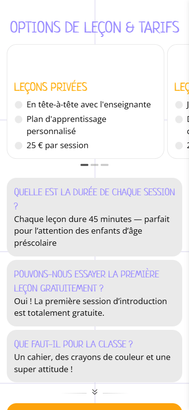 Partie centrale de l’exemple de page de link in bio d’une école pour enfants