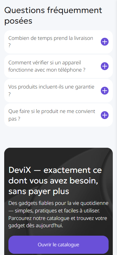 Partie inférieure de la page de link in bio d’une boutique de gadgets