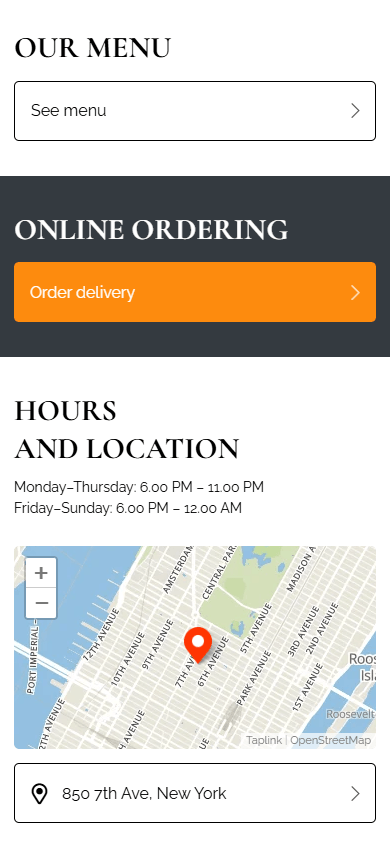 Bottom of a restaurant’s website with a See menu button