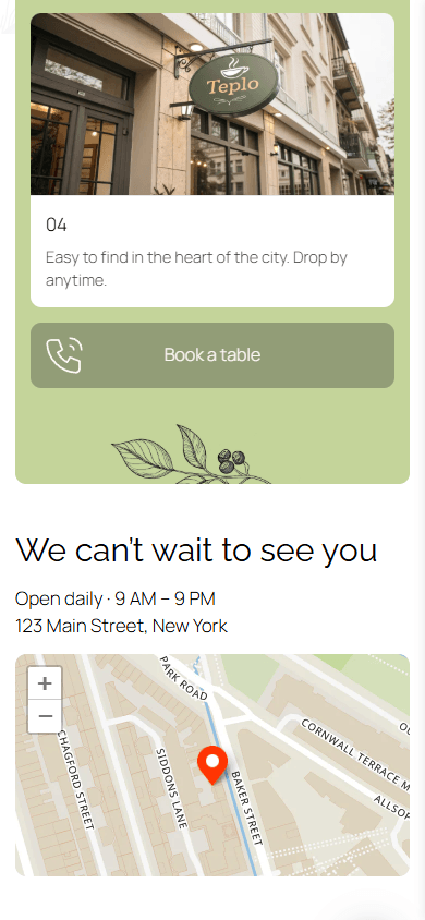 Bottom of the example of the cafe’s page