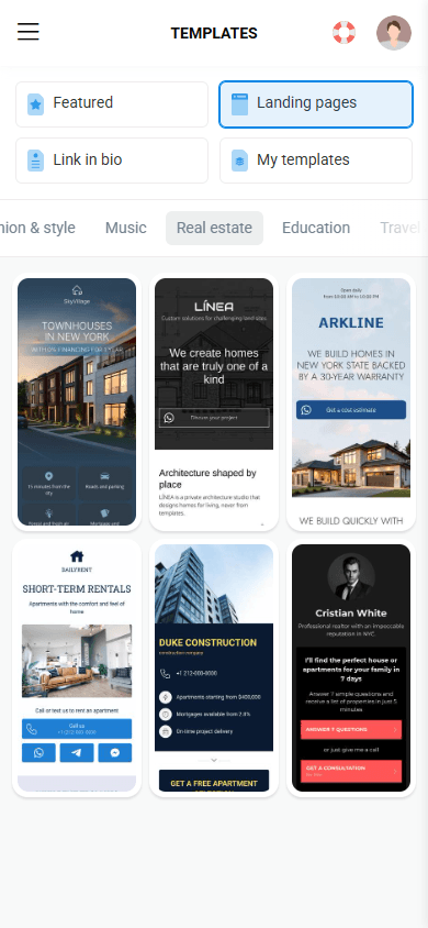 Real estate landing page templates in Taplink