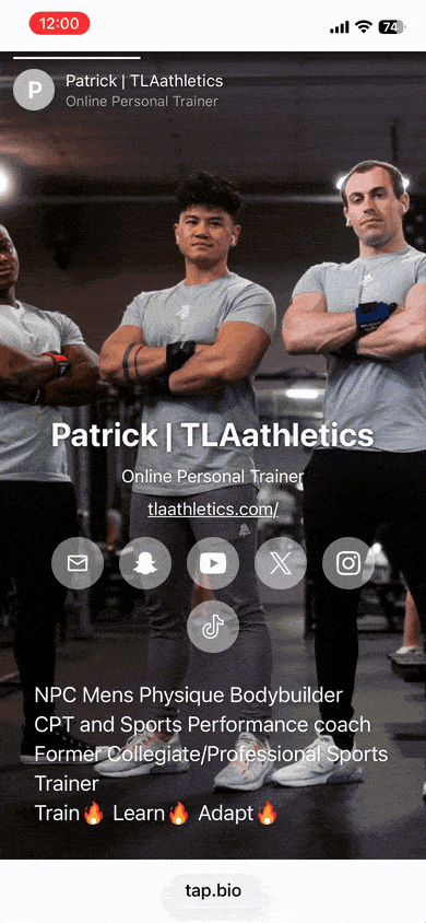 Personal trainer’s link in bio cards created with Tap Bio
