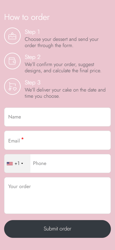 Bottom of a bakery’s page with an order form for customer details and dessert requests