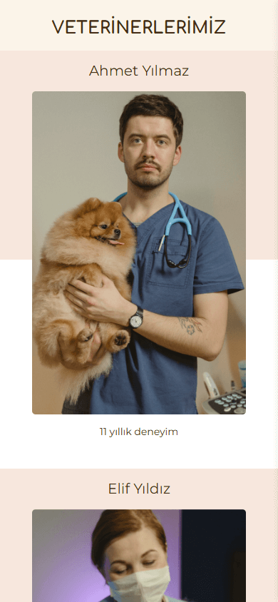 Evcil hayvan kliniği Linktree örneğinin orta bölümü