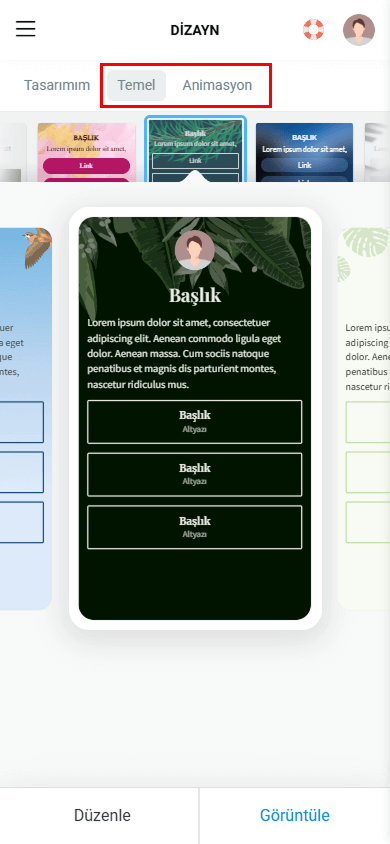 Taplink sayfa tasarım ayarlarında Temel ve Animasyon sekmelerinin vurgulanmış hâli