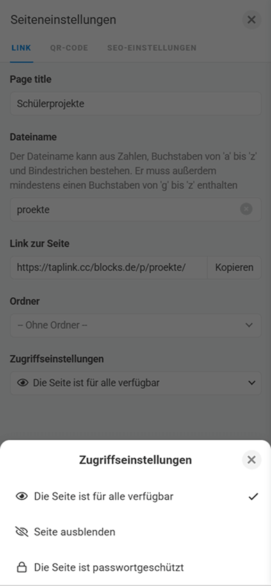 Pop-up-Fenster mit Zugriffseinstellungen auf der Anpassungsseite des Blocks für die interne Seite