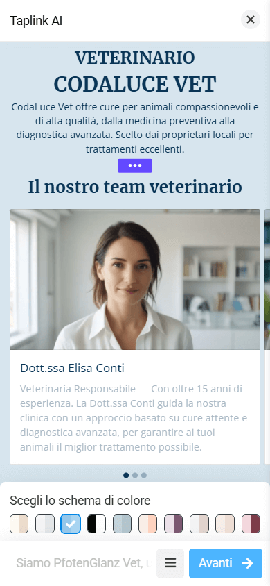 Una pagina con una combinazione di colori blu nello strumento link in bio Taplink AI