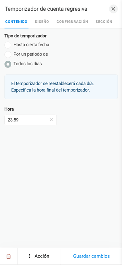 Página de configuración de los parámetros del bloque Temporizador en Taplink