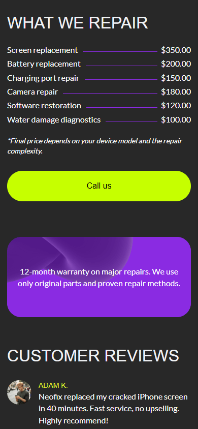 Middle of the example of the phone repair’s link in bio page