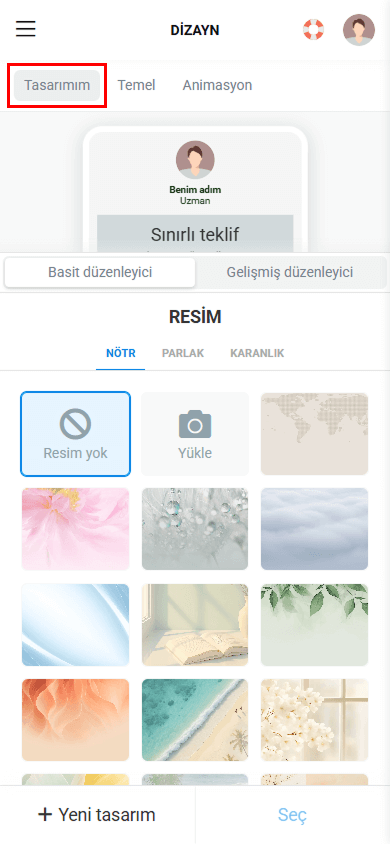 Taplink arayüzünde Tasarımım sekmesinin vurgulanmış hâli