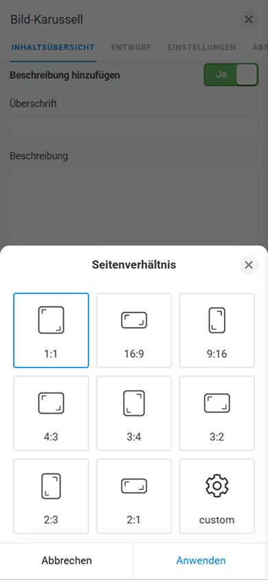 Fenster mit Einstellungen für das Bildseitenverhältnis im Block „Bild-Karussell“ von Taplink