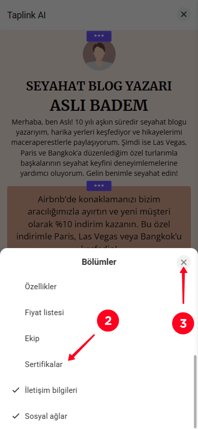 Bölüm ayarları penceresinde bölümleri seçme ve Kapatma düğmesine dokunma