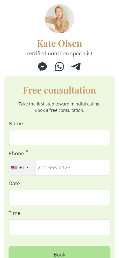 Top of a nutrition specialist’s Carrd-inspired Taplink website