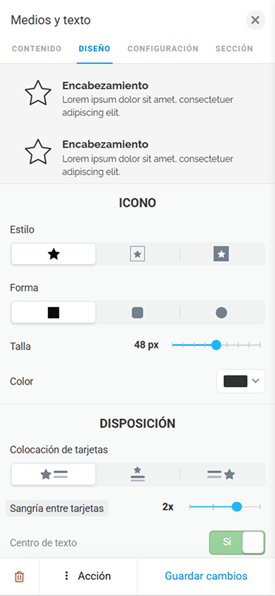 Pestaña de personalización del diseño con ajustes de íconos y disposición en el bloque Medios y texto