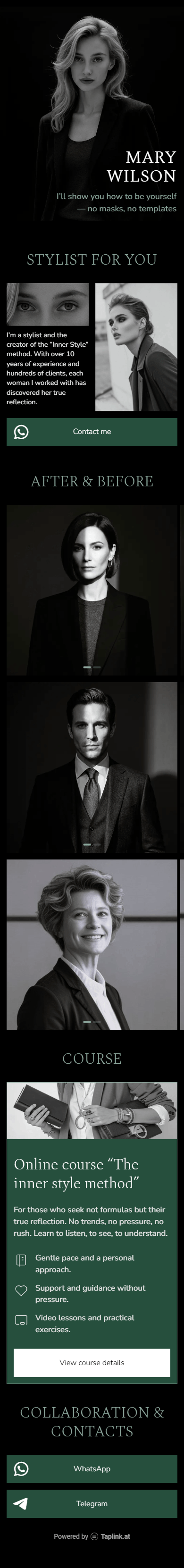 An example of the stylist’s digital portfolio built with the Taplink website maker