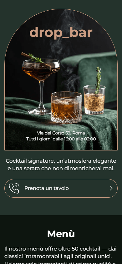 Parte superiore dell’esempio della pagina di link in bio di un bar