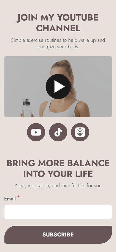 Bottom of a yoga coach’s page built with Taplink