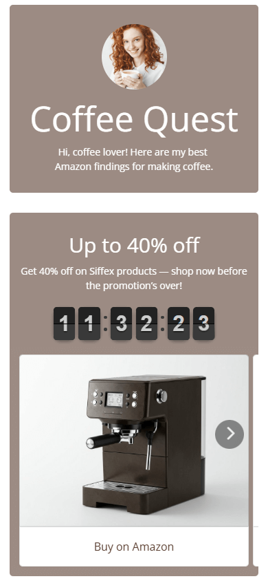 Top of the Amazon Storefront page featuring a profile image, text, a timer, and an image carousel