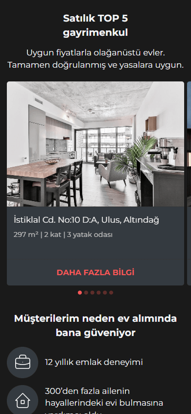 Emlak danışmanı Linktree örneğinin orta bölümü