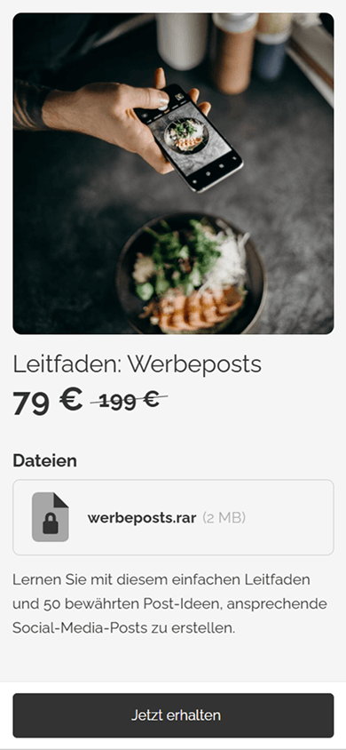 Eine Seite eines digitalen Produkts mit Produktcover, Name, Preis, Beschreibung und Datei