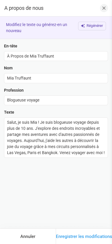 Une fenêtre de personnalisation de la section A propos de nous dans l’outil de lien en bio Taplink AIv